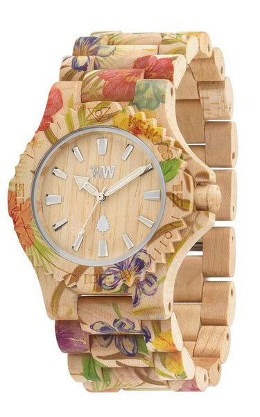 Date Flower Beige Wood Watch